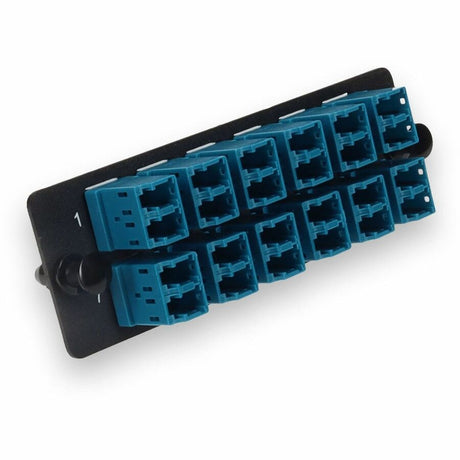 AddOn 4-Bay Panel Plate with 24-fiber 12x LC Duplex OS2 Fiber adapter panel