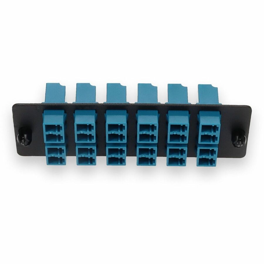 AddOn 4-Bay Panel Plate with 24-fiber 12x LC Duplex OS2 Fiber adapter panel