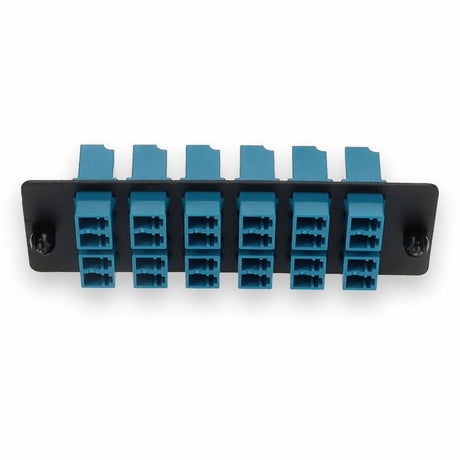 AddOn 4-Bay Panel Plate with 24-fiber 12x LC Duplex OS2 Fiber adapter panel