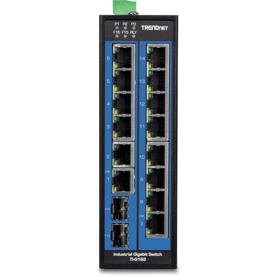 TRENDnet 16-Port Hardened Industrial Unmanaged Gigabit DIN-Rail Switch; TI-G162; 14 x Gigabit Ports; 2 x Gigabit SFP Slots;32Gbps Switching Capacity; IP30 Ethernet Network Switch; Lifetime Protection