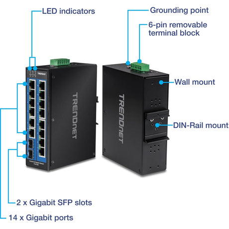 TRENDnet 16-Port Hardened Industrial Unmanaged Gigabit DIN-Rail Switch; TI-G162; 14 x Gigabit Ports; 2 x Gigabit SFP Slots;32Gbps Switching Capacity; IP30 Ethernet Network Switch; Lifetime Protection