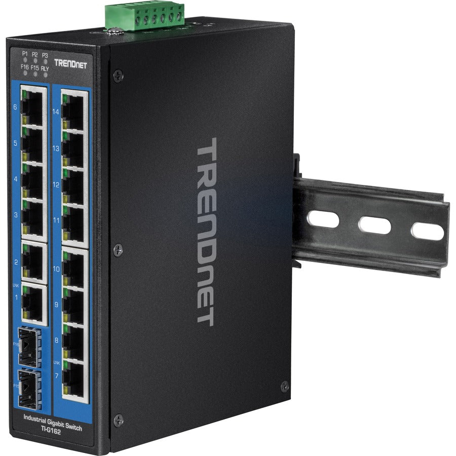 TRENDnet 16-Port Hardened Industrial Unmanaged Gigabit DIN-Rail Switch; TI-G162; 14 x Gigabit Ports; 2 x Gigabit SFP Slots;32Gbps Switching Capacity; IP30 Ethernet Network Switch; Lifetime Protection