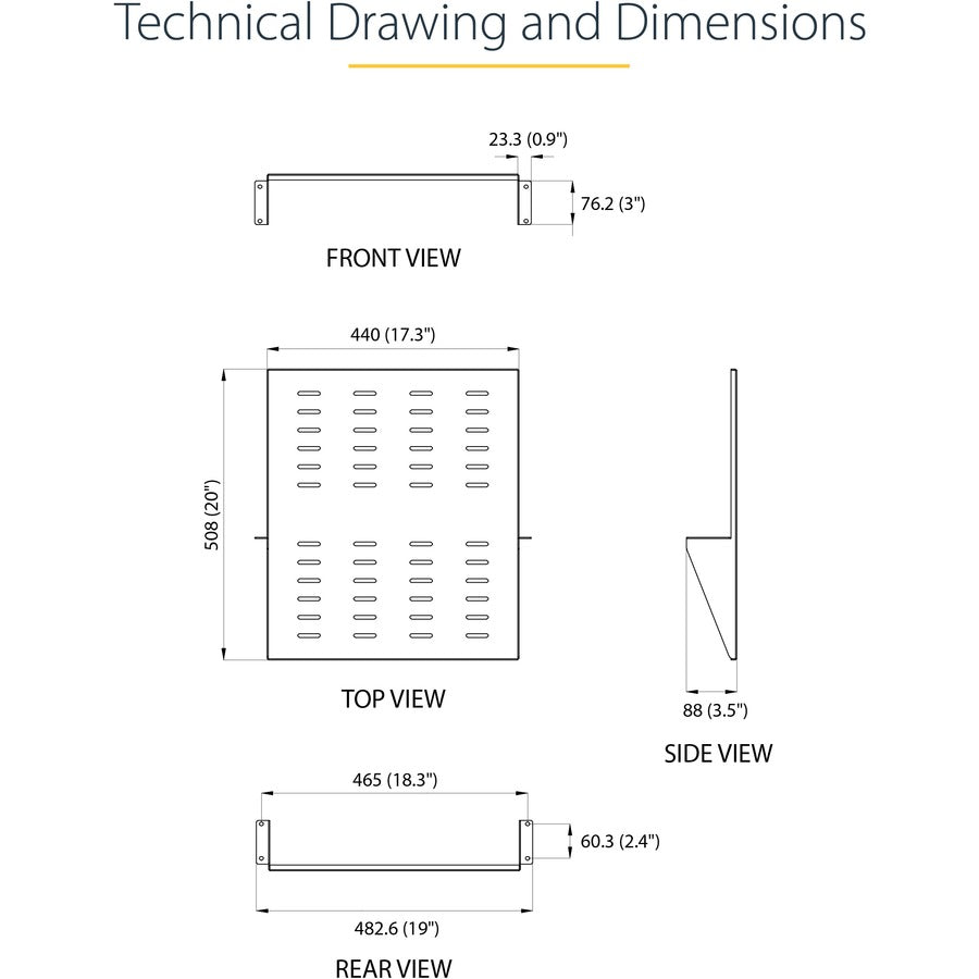 StarTech.com 2 Post Server Rack Shelf - Vented - Center Mount - Up to 75 lb. - 2 post Network Rack Shelf (CABSHF2POSTV2)