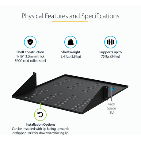 StarTech.com 2 Post Server Rack Shelf - Vented - Center Mount - Up to 75 lb. - 2 post Network Rack Shelf (CABSHF2POSTV2)