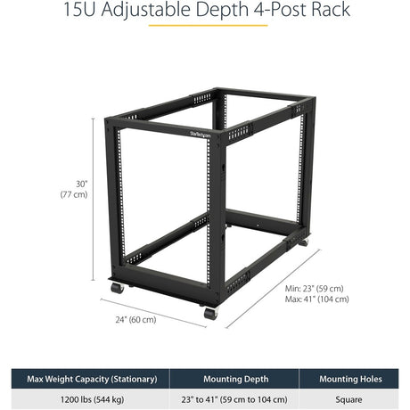 StarTech.com 4-Post 15U Mobile Open Frame Server Rack, 19" Network Rack with Casters, Rolling Rack for Computer/AV/Data/IT Equipment