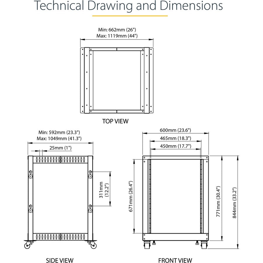 StarTech.com 4-Post 15U Mobile Open Frame Server Rack, 19" Network Rack with Casters, Rolling Rack for Computer/AV/Data/IT Equipment
