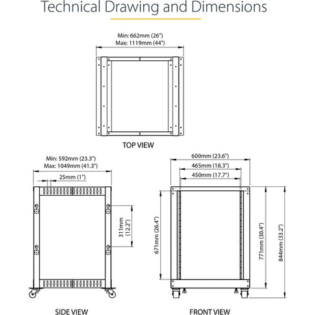 StarTech.com 4-Post 15U Mobile Open Frame Server Rack, 19" Network Rack with Casters, Rolling Rack for Computer/AV/Data/IT Equipment