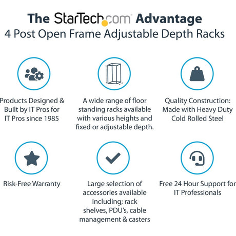 StarTech.com 4-Post 15U Mobile Open Frame Server Rack, 19" Network Rack with Casters, Rolling Rack for Computer/AV/Data/IT Equipment