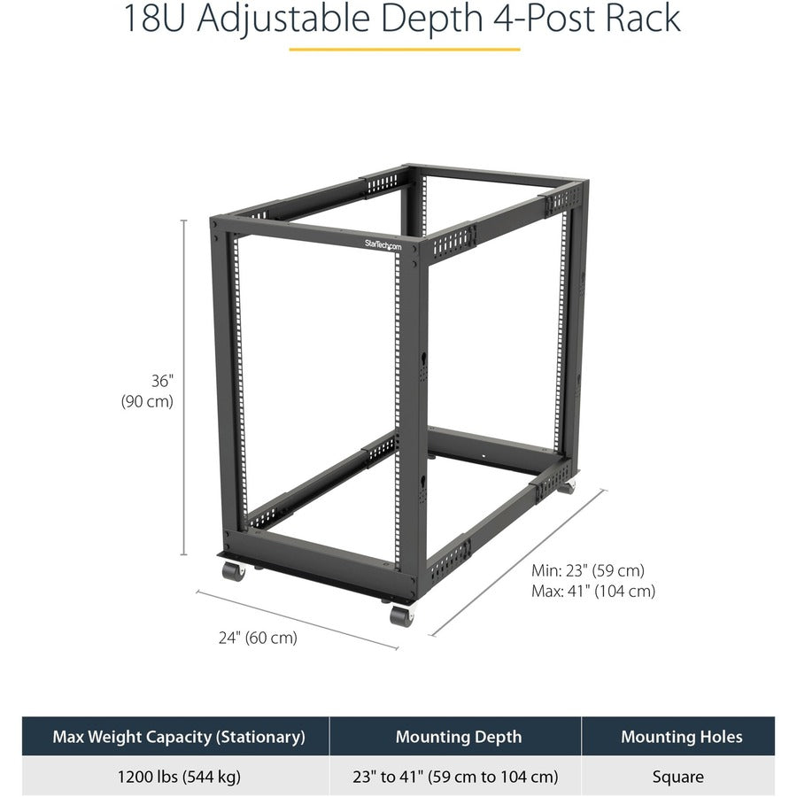 StarTech.com 4-Post 18U Mobile Open Frame Server Rack, 19" Network Rack with Casters, Rolling Rack for Computer/AV/Data/IT Equipment