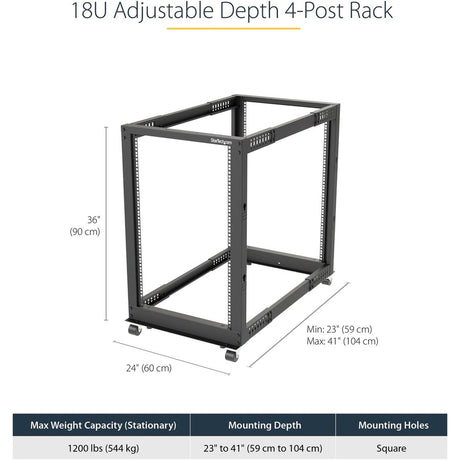 StarTech.com 4-Post 18U Mobile Open Frame Server Rack, 19" Network Rack with Casters, Rolling Rack for Computer/AV/Data/IT Equipment