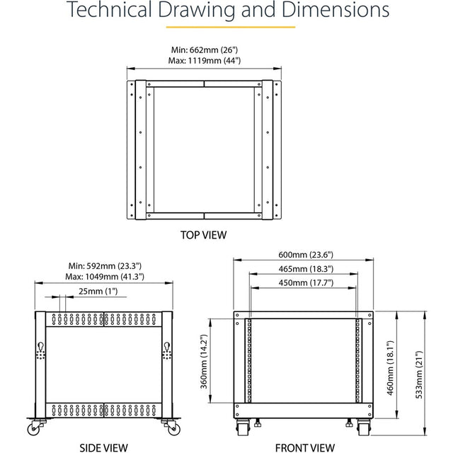 StarTech.com 4-Post 8U Mobile Open Frame Server Rack, 19in Network Rack with Casters, Small Rolling Rack for Computer/AV/Data/IT Equipment