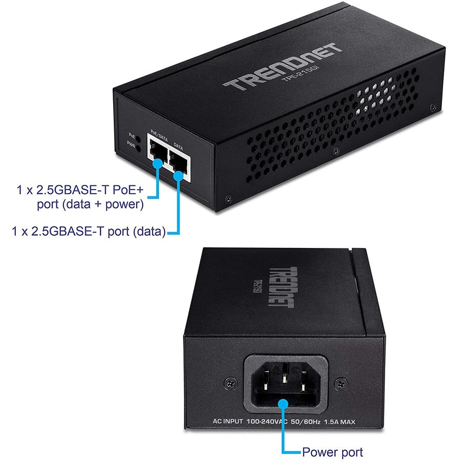 TRENDnet 2.5G PoE+ Injector, TPE-215GI, PoE (15.4W) or PoE+ (30W), Converts a non-PoE Port to a PoE+ 2.5G Port, 2.5GBASE-T Compliant, Integrated Power Supply, Network a PoE device up to 100m (328 ft.)