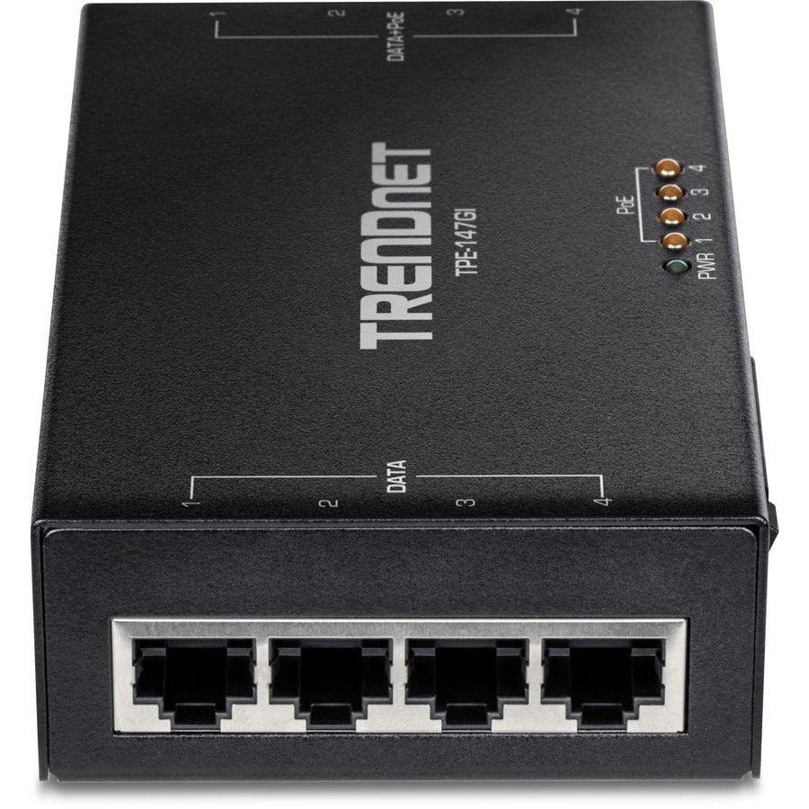 TRENDnet 65W 4-Port Gigabit PoE+ Injector, TPE-147GI, 4 x Gigabit Ports(Data in), 4 x gigabit PoE Ports(Data + PoE Out), Multi-Port PoE+ Injector up to 100m(328 ft.), Add PoE+ Power to Non-PoE Switch