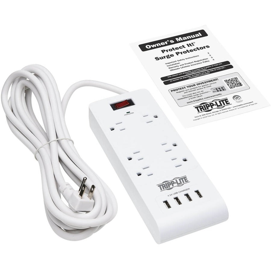 Eaton Tripp Lite Series 6-Outlet Surge Protector with 4 USB Ports (4.2A Shared) - 15 ft. (4.57 m) Cord, 5-15P Plug, 900 Joules, White