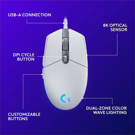 Logitech G203 Wired Gaming Mouse, 8,000 DPI, Rainbow Optical Effect LIGHTSYNC RGB, 6 Programmable Buttons, White