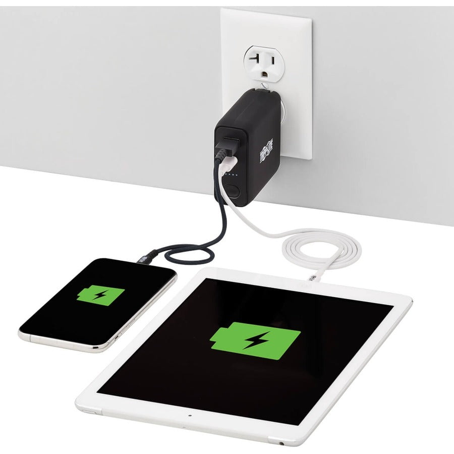 Eaton Tripp Lite Series Portable 5000mAh 2-Port Mobile Power Bank and USB Battery Wall Charger Combo - Direct Plug, Black
