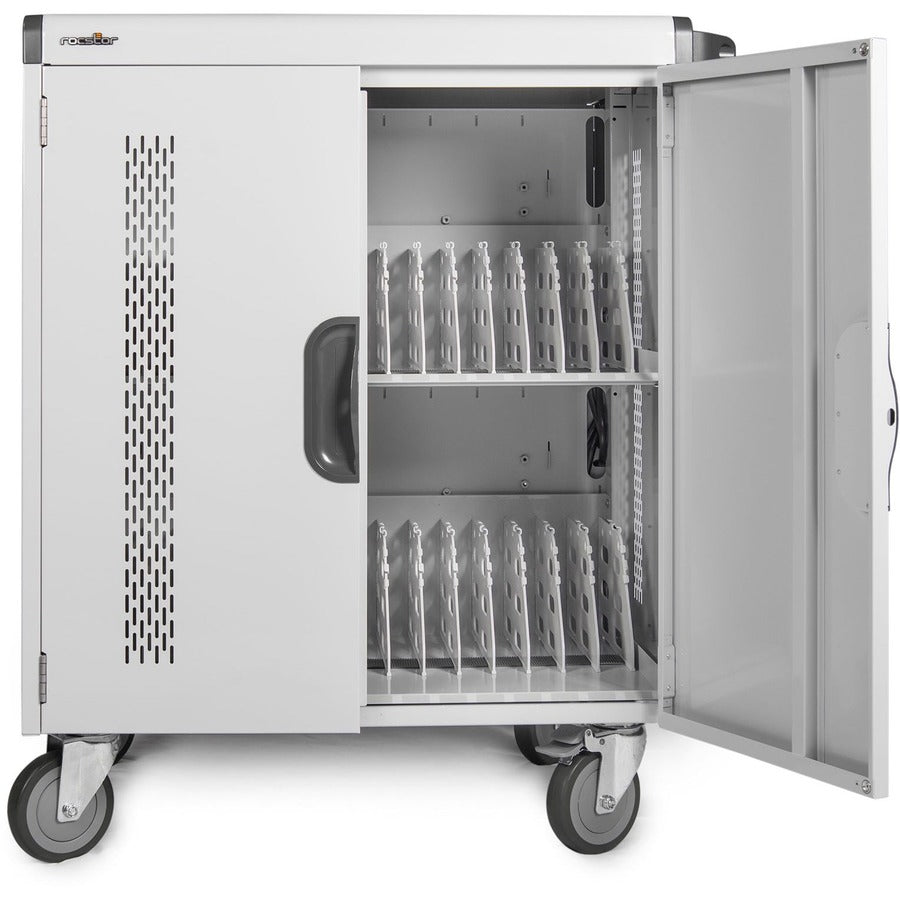 Rocstor Volt V32 Charging Cart with Intelligent Power Charging - Up to 32 Device - Intelligent Power Charging Cart for Notebooks, Chromebook&reg;, MacBook&reg;, and Macbook&reg; Pro - 3 Shelves - 4 Heavy Duty 5" Medical Grade Casters - Steel Construction-