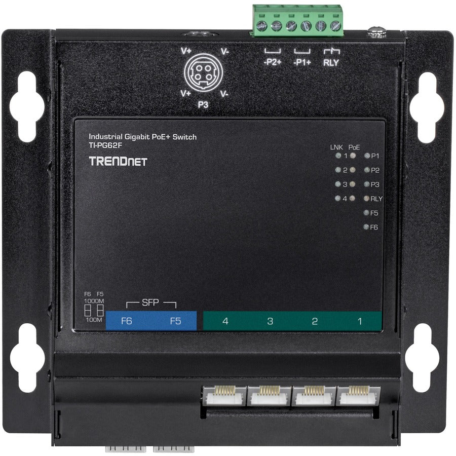 TRENDnet 6-Port Industrial Gigabit PoE+ Wall-Mounted Front Access Switch, TI-PG62F, 4 x Gigabit PoE+ Ports, 2 x Gigabit SFP Slots, DIN-Rail, Wall Mount Brackets Included, IP30, 120W PoE Budget