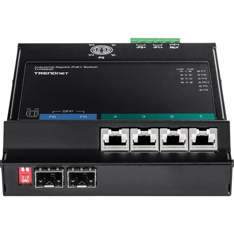 TRENDnet 6-Port Industrial Gigabit PoE+ Wall-Mounted Front Access Switch, TI-PG62F, 4 x Gigabit PoE+ Ports, 2 x Gigabit SFP Slots, DIN-Rail, Wall Mount Brackets Included, IP30, 120W PoE Budget