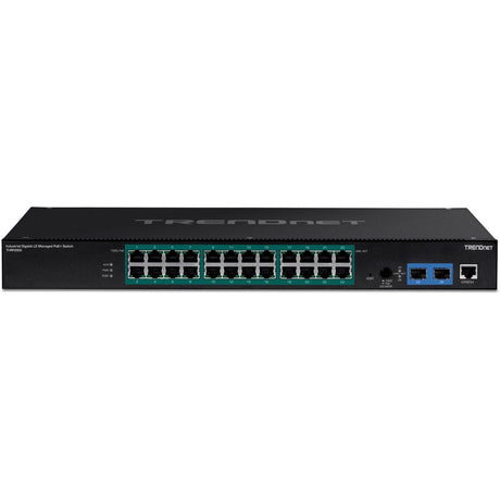 TRENDnet 26-Port Industrial Gigabit L2 Managed PoE+ Switch, TI-RP262i, 1U 19" Rackmount, 24 x Gigabit PoE+ Ports, 2 x SFP Slots (100/1000Base-FX), IP30, VLAN, QoS, 685W PoE Power Budget, Fanless