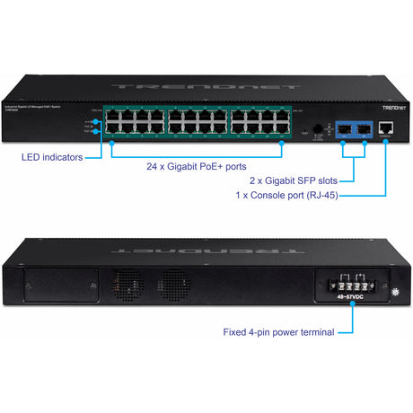 TRENDnet 26-Port Industrial Gigabit L2 Managed PoE+ Switch, TI-RP262i, 1U 19" Rackmount, 24 x Gigabit PoE+ Ports, 2 x SFP Slots (100/1000Base-FX), IP30, VLAN, QoS, 685W PoE Power Budget, Fanless