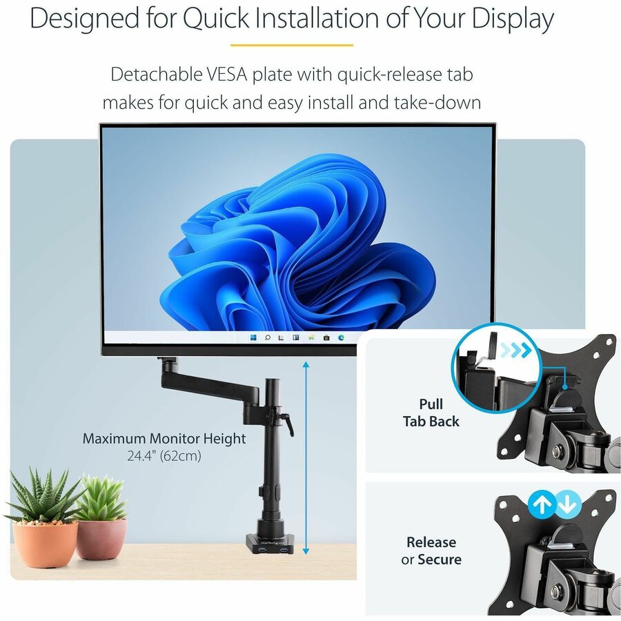 StarTech.com Desk Mount Monitor Arm with 2x USB 3.0 ports, Full Motion Monitor Mount up to 34" (17.6lb/8kg) VESA Display, C-Clamp/Grommet