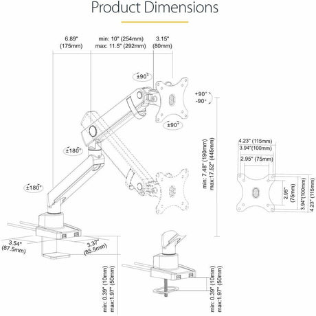 StarTech.com Desk Mount Monitor Arm with 2x USB 3.0 ports, for VESA Display up to 34" (17.6lb/8kg) , C-Clamp/Grommet, Mechanical Spring