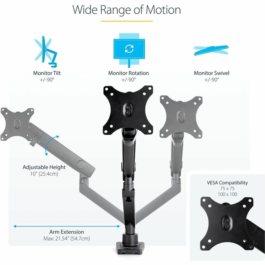 StarTech.com Desk Mount Monitor Arm with 2x USB 3.0 ports, for VESA Display up to 34" (17.6lb/8kg) , C-Clamp/Grommet, Mechanical Spring