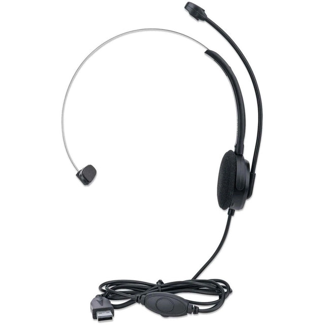Manhattan Mono On-Ear Headset (USB), Microphone Boom (padded), Retail Box Packaging, Adjustable Headband, In-Line Volume Control, Ear Cushion, USB-A for both sound and mic use, cable 1.5m, Three Year Warranty