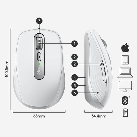 Logitech MX Anywhere 3 for Mac Compact Performance Mouse, Wireless, Comfortable, Ultrafast Scrolling, Any Surface, Portable, 4000DPI, Customizable Buttons, USB-C, Bluetooth, Apple Mac, iPad, Pale Gray