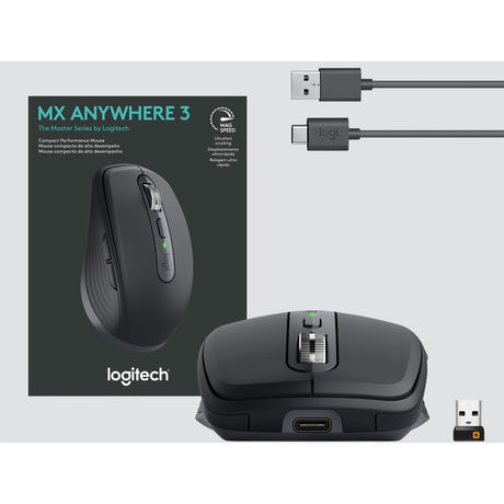 Logitech MX Anywhere 3 Compact Performance Mouse, Wireless, Comfort, Fast Scrolling, Any Surface, Portable, 4000DPI, Customizable Buttons, USB-C, Bluetooth, Apple Mac, iPad, Windows PC, Linux, Chrome (Black)