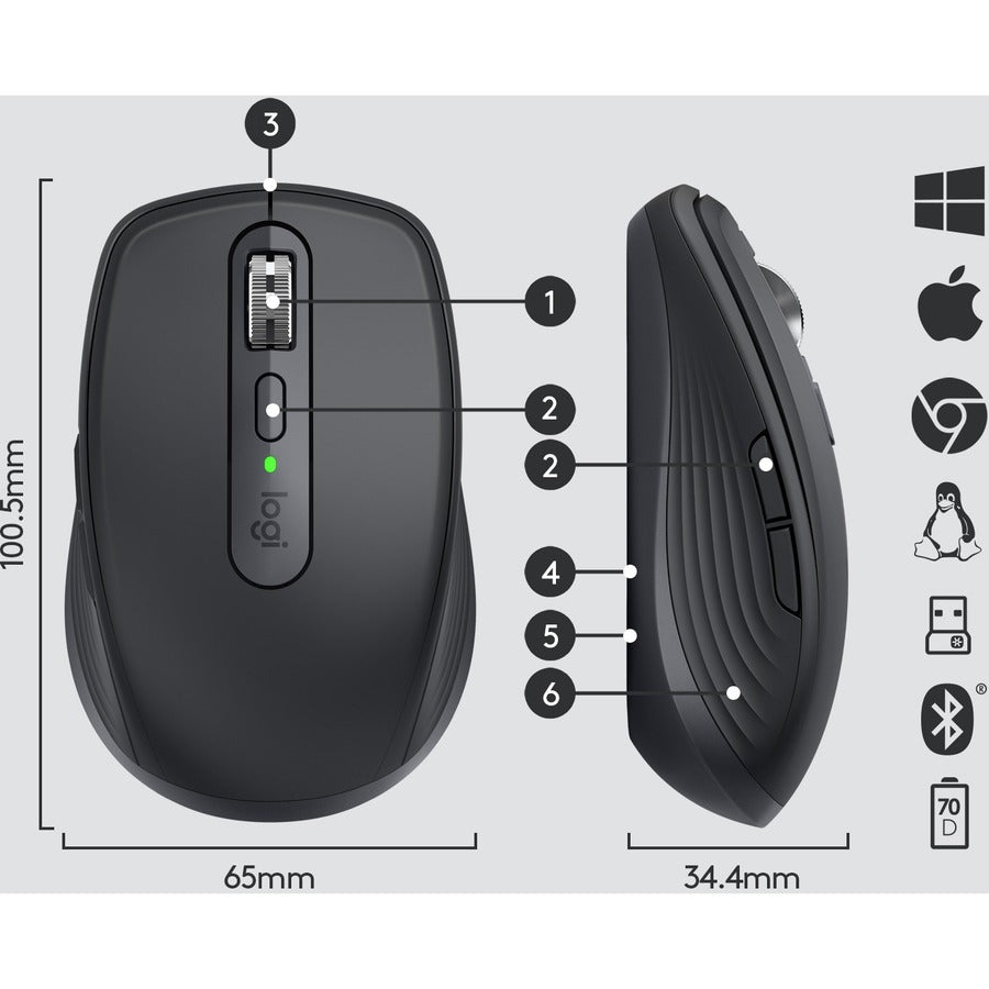 Logitech MX Anywhere 3 Compact Performance Mouse, Wireless, Comfort, Fast Scrolling, Any Surface, Portable, 4000DPI, Customizable Buttons, USB-C, Bluetooth, Apple Mac, iPad, Windows PC, Linux, Chrome (Black)