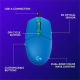 Logitech G203 Wired Gaming Mouse, 8,000 DPI, Rainbow Optical Effect LIGHTSYNC RGB, 6 Programmable Buttons, Blue