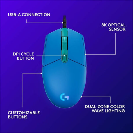 Logitech G203 Wired Gaming Mouse, 8,000 DPI, Rainbow Optical Effect LIGHTSYNC RGB, 6 Programmable Buttons, Blue