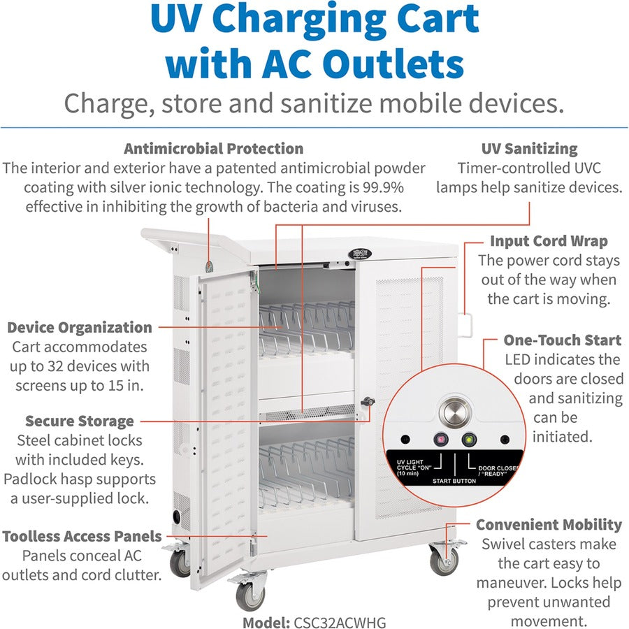 Eaton Tripp Lite Series Safe-IT Multi-Device UV Charging Cart, Hospital-Grade, 32 AC Outlets, Laptops, Chromebooks, Antimicrobial, White