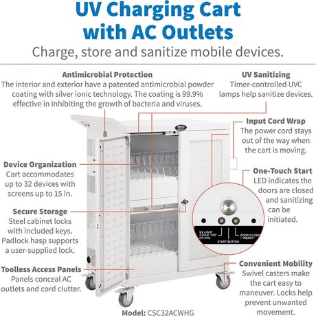 Eaton Tripp Lite Series Safe-IT Multi-Device UV Charging Cart, Hospital-Grade, 32 AC Outlets, Laptops, Chromebooks, Antimicrobial, White