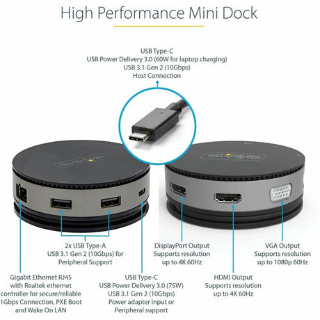 StarTech.com USB C Multiport Adapter - USB Type-C 10Gbps Mini Dock 4K 60Hz HDMI/DisplayPort/1080p VGA - 75W PD Passthrough, USB Hub & GbE