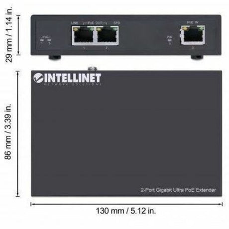 Intellinet 2-Port Gigabit Ultra PoE Extender, Adds up to 100 m (328 ft.) to PoE Range, PoE Power Budget 60 W, Two PSE Ports with 30 W Output Each, IEEE 802.3bt/at/af Compliant, Metal Housing