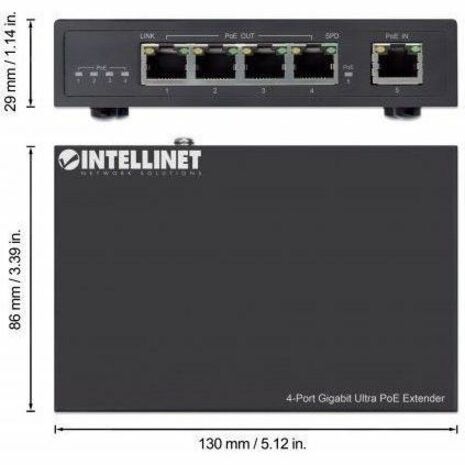 Intellinet 4-Port Gigabit Ultra PoE Extender, Adds up to 100 m (328 ft.) to PoE Range, 90 W PoE Power Budget, Four PSE Ports with up to 30 W Output, IEEE 802.3bt/at/af Compliant, Metal Housing