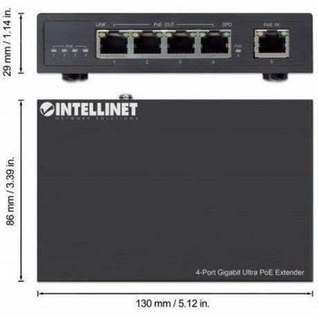 Intellinet 4-Port Gigabit Ultra PoE Extender, Adds up to 100 m (328 ft.) to PoE Range, 90 W PoE Power Budget, Four PSE Ports with up to 30 W Output, IEEE 802.3bt/at/af Compliant, Metal Housing