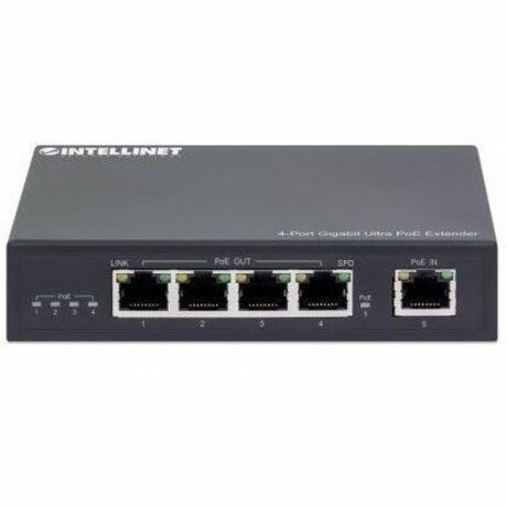 Intellinet 4-Port Gigabit Ultra PoE Extender, Adds up to 100 m (328 ft.) to PoE Range, 90 W PoE Power Budget, Four PSE Ports with up to 30 W Output, IEEE 802.3bt/at/af Compliant, Metal Housing