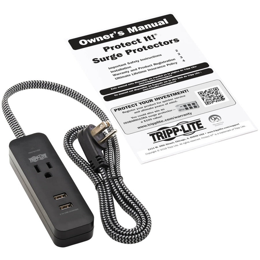 Eaton Tripp Lite Series 1-Outlet Surge Protector with 2 USB Ports (2.1A Shared) - 4 ft. Cord, 5-15P Plug, 450 Joules, Black