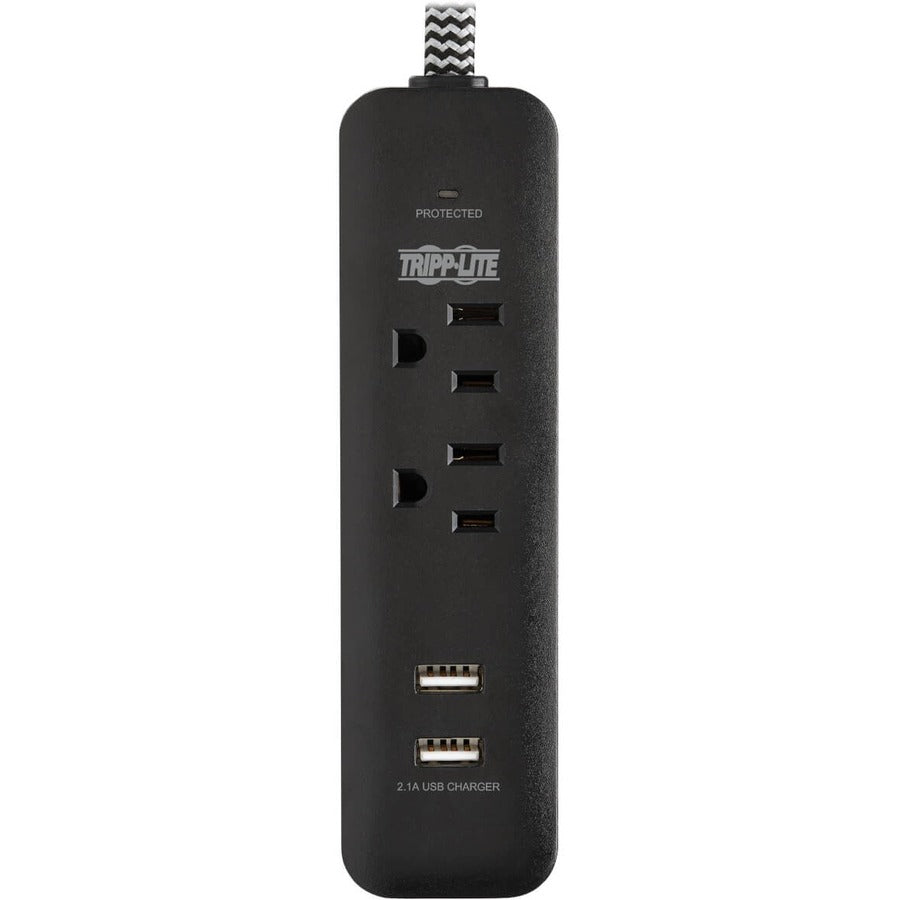 Eaton Tripp Lite Series 2-Outlet Surge Protector with 2 USB Ports (2.1A Shared) - 6 ft. Cord, 5-15P Plug, 450 Joules, Black