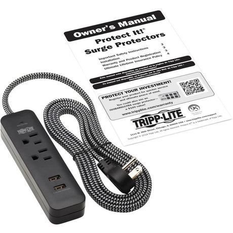 Eaton Tripp Lite Series 2-Outlet Surge Protector with 2 USB Ports (2.1A Shared) - 6 ft. Cord, 5-15P Plug, 450 Joules, Black