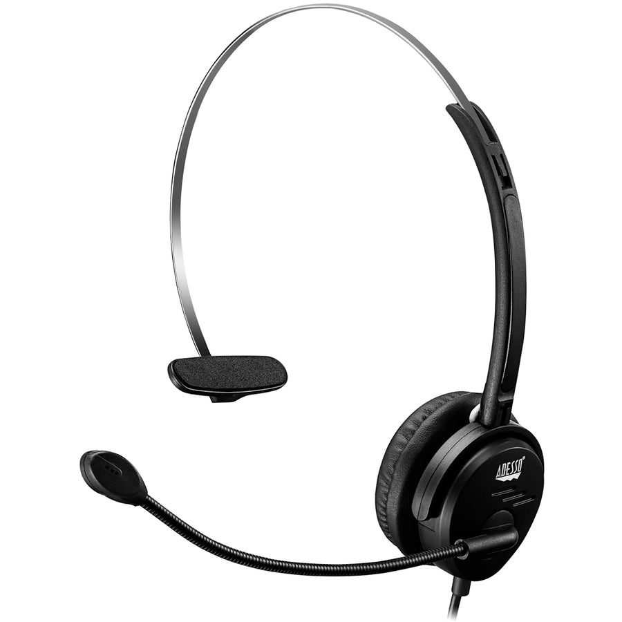 Adesso USB Single-Sided Headset with Adjustable Microphone- Noise Cancelling- Mono - USB - Wired - Over-the-head - 6 ft Cable -, Omni-directional Microphone - Black