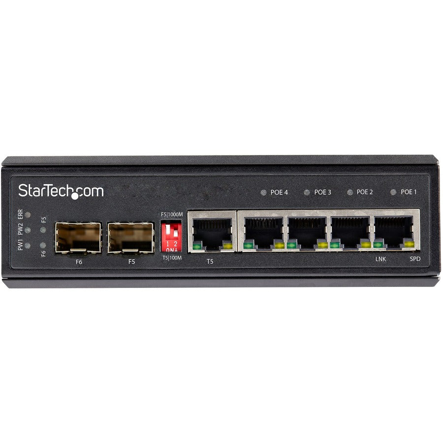 StarTech.com Industrial 6 Port Gigabit Ethernet Switch w/4 PoE RJ45 +2 SFP Slots 30W 802.3at PoE+ 12-48VDC 10/100/1000 Mbps -40C to 75C