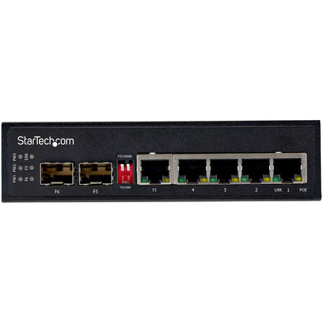 StarTech.com Industrial 6 Port Gigabit Ethernet Switch 4 PoE RJ45 +2 SFP Slots 30W PoE+ 48VDC 10/100/1000 Mbps -40C to 75C w/DIN Connector