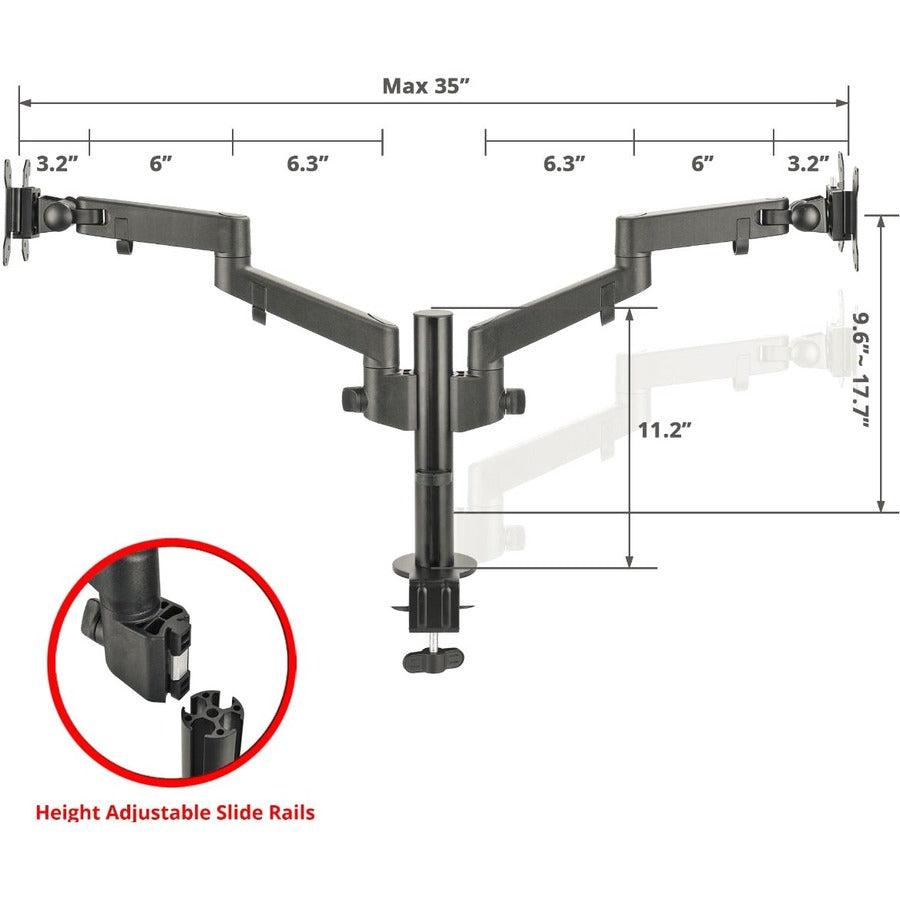 SIIG Dual Arm Pole Multi-Angle Replaceable Articulating Monitor Desk Mount - 14" to 30" - Max Load 17.6lbs each - Expandable Slide Rails Design - up to 4 monitors