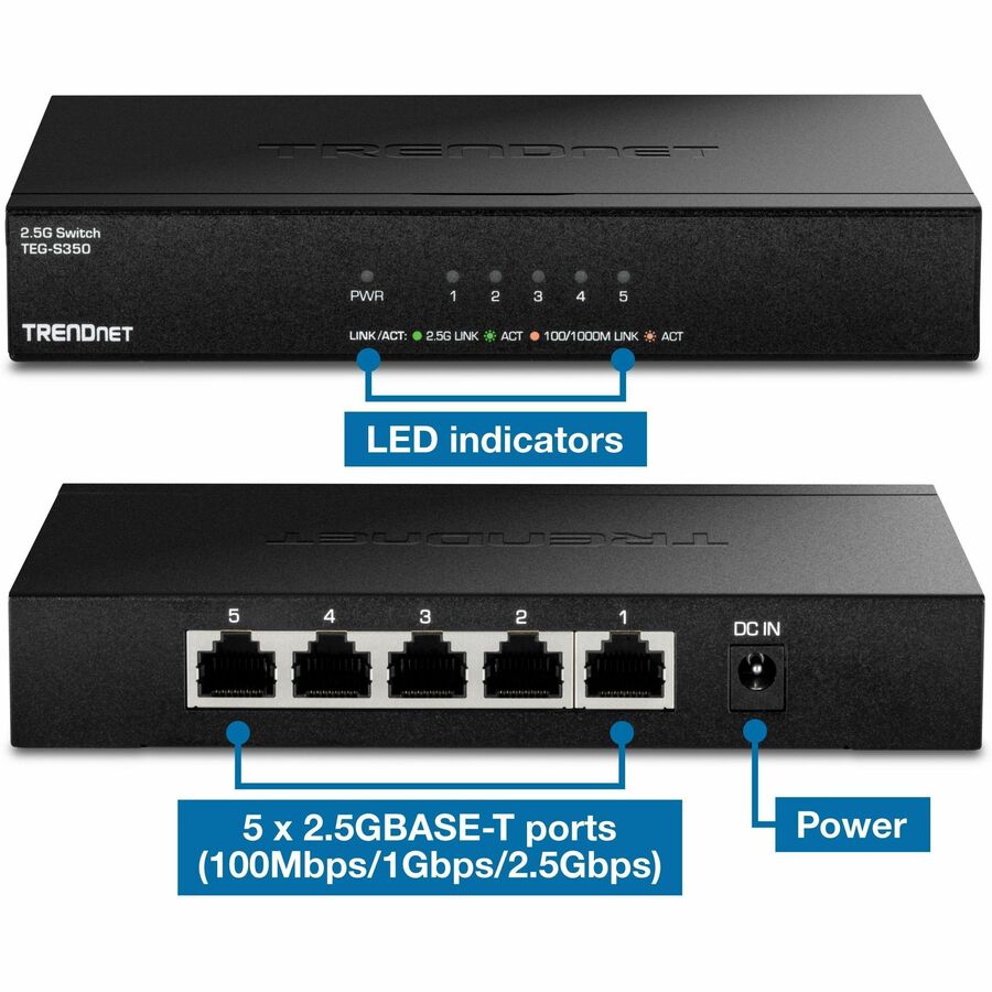 TRENDnet 5-Port Unmanaged 2.5G Gaming Switch, TEG-S350, 5 x 2.5GBASE-T Ports, 25Gbps Switching Capacity, Ethernet Splitter, NDAA & TAA Compliant, Fanless, Wall Mountable, Lifetime Protection, Black