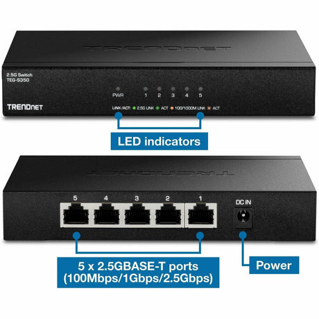 TRENDnet 5-Port Unmanaged 2.5G Gaming Switch, TEG-S350, 5 x 2.5GBASE-T Ports, 25Gbps Switching Capacity, Ethernet Splitter, NDAA & TAA Compliant, Fanless, Wall Mountable, Lifetime Protection, Black